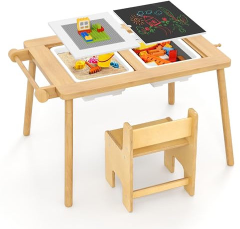 COSTWAY Set Tavolo e Sedia per Bambini, Tavolo con Piani di Lavoro Doppio, Cassetti Pieghevoli, Rullo di Carta e Sedia, Mobili Salvaspazio per Cameretta