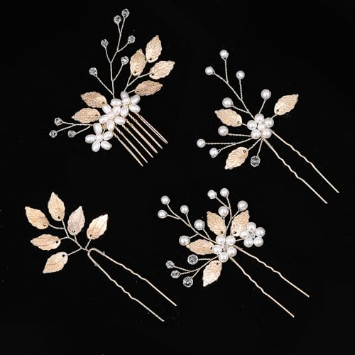 4 Pieces Wedding Hair Accessories, Gold Leaf Crystal Pearl Hair Pins Clips, Elegant Pearl Floral Rhinestone Bridal Combs for Bride and Bridesmaid Accessories