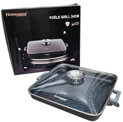 Générique Poêle Grill en Pierre professionnels avec Couvercle en Verre, 34 cm, Poignées Silicone