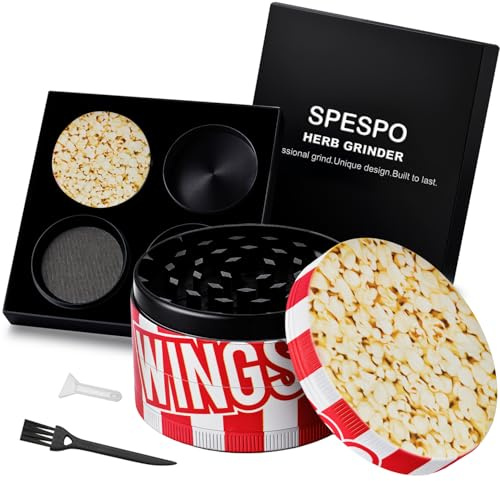 Spespo Molino Triturador de Hierbas - Molinillo Metálico 4 Capas 63mm con Raspador de Polen y Cepillo - Ideal para Especias, Hierbas y Té - Incluye Caja Negra de Regalo（Popcorn Design)