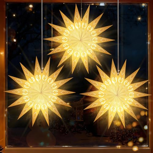 Lewondr Weihnachtsstern Beleuchtet 3 Stück, Papiersterne Weihnachten,LED Stern Fenster Aufhängen mit Fernbedienung ,Weihnachtsdeko Papierstern für Weihnachts Deko Innen 55 cm