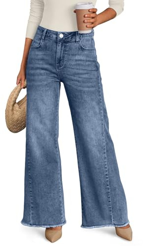 Trendy Queen Women's Wide Leg Jeans, Relaxed Loose Straight Leg with Raw Hem, Comfort Denim Pants Blue 18