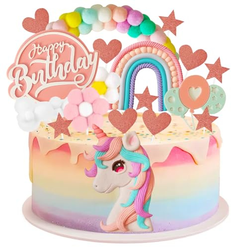 KENPOJO Unicornio Decoracion Tartas Cumpleaños Niñas, 18 Piezas Decoración de Pasteles Cumpleaños Feliz DIY Globos Nubes Arcoiris, Adornos Topper Decoración para Tartas para Fiestas Temáticas