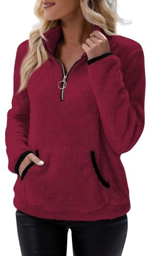 Fleecepullover Damen Half Zip Pullover Stehkragen Kuschelpullover Flauschig Teddy Sweatshirt Warm Fleece Gefüttert Pulli mit Reißverschluss Teddyfleece Winterpullover Plüsch Winterpulli Frauen