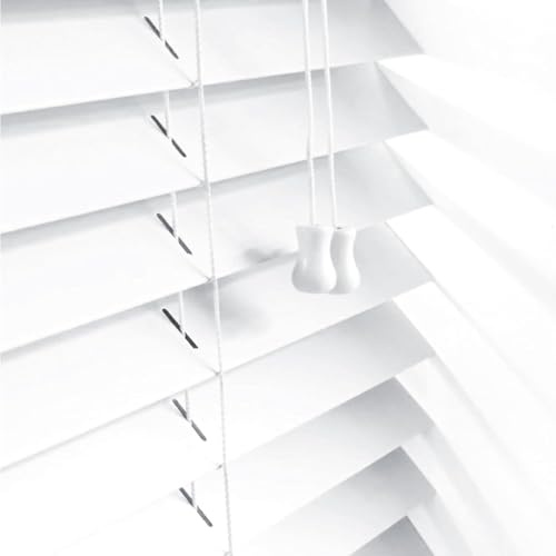 Ev Dekor Smooth Faux Wood Wooden Venetian Blinds with Strings 50mm Slats Trimmable Child Safe Easy Fit Office Home Blind Window curtains (white, 114 x 213cm)