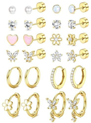 ADRAMATA 12 Pairs Flat Back Earrings for Women Girls Surgical Steel Earring Set 14K Gold Plated Hypoallergenic Earrings Screw Back Earring Stacks Small Hoop Cartilage Tragus Helix Piercing Jewellery