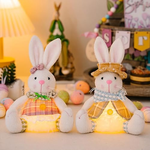 Osterdeko Osterhasen Figuren mit LED Licht, 2 Stück Plüsch Osterhase Deko Figuren Beleuchtet Osterdeko Tisch Hase Figur mit Beleuchtung Batteriebetrieben Osterfiguren für Frühlingsdeko Ostern Deko (A)