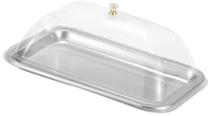 perfk Bandeja Rectangular Multiusos de Acero Inoxidable con Tapa de cúpula para Servir Alimentos, Pasteles, Fiestas, restaurantes y, 32x22x2cm