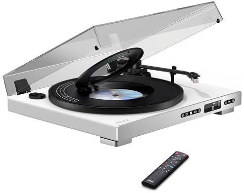 Mixx Analog Plus 2-in-1 Music System – Automatic Vinyl Turntable & CD Combo with Bluetooth Transmitter & AUX Out, Remote (White)