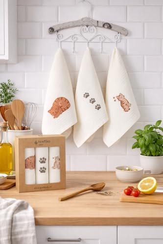 textile idea – Geschenkset aus 3 Geschirrtüchern 40x60cm, 100% Baumwolle, weich, schnelltrocknend und saugfähig, ideal als Einweihungsgeschenk – 3 STK. Katzen Design