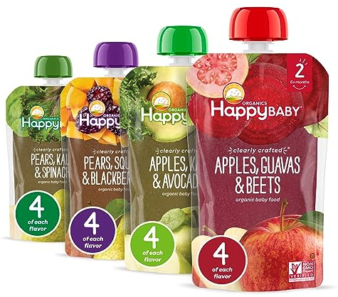 Happy Baby Organics Stage 2 Baby Food Pouches, Gluten Free, Vegan & Healthy Snack, Clearly Crafted Fruit & Veggie Puree, Fruit & Veggie Variety Pack, 4 Ounces (Pack of 16), Amazon Exclusive