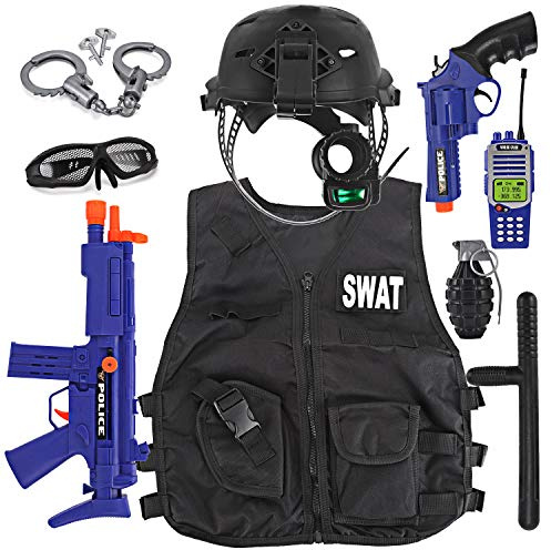 Liberty Imports SWAT Costume for Kids – Deluxe Police Officer Dress Up and Pretend Play Set Costume with Helmet, Night Vision Monocular, Toy Guns, Handcuffs, and Accessories (12 Pcs)