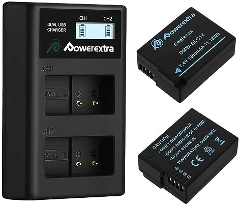 Powerextra 2 Stück Ersatzakku für Panasonic DMW BLC12 E und LCD Dual Ladegerät kompatibel mit Panasonic Lumix DMC GX8 G70 G81 G7 G6 G5 FZ2000 FZ1000 FZ200 FZ300