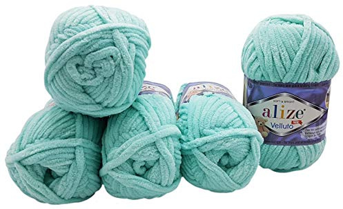 5 x 100 Gramm Alize Velluto Strickwolle, Babywolle , 500 Gramm Wolle Super soft Bulky (türkis hell 19)
