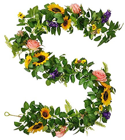 FLCSIed Handcrafted Real Touch Flower Roses Sunflowers Garland 6.23FT, Artificial Foliage Greenery Vine with Mixed Flowers, for Table Runner, Wedding Arch Backdrop, Centerpieces, Photo Booth (Yellow)