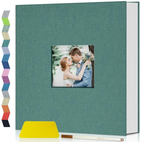 Popotop Self Adhesive Photo Album Scrapbook for 4x6 5x7 8x10 Pictures, 60 Pages Linen Hardcover DIY Memory Book, Scrapbooking Supplies Kits Birthday Gifts for Baby Wedding Family Travel Dark Green