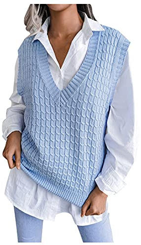 Strickweste Damen äRmellos - Pullunder Damen äRmellos Strickpullover Oversize Vintage Grobstrickpullover V-Ausschnitt Strickpulli Herbst Winterpullover äRmelloser Pullover Tanktop Strickpullunder
