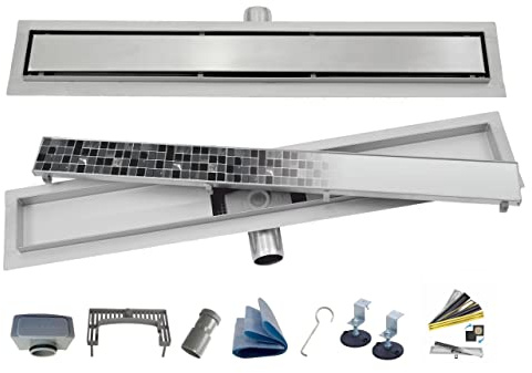 AQUA HEATING 2in1 Edelstahl-Bodenablauf superflach, Duschrinne 90 cm silber | Linearer Bodenablauf für bodengleiche Dusche, Komplettset mit Siphon, doppelseitiger Rost, Badezimmer