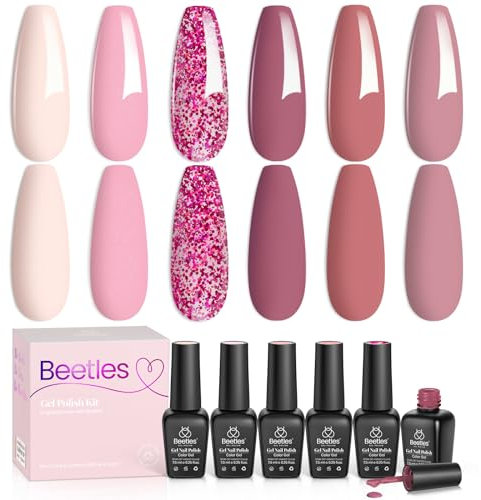 Beetles UV Gel Nagellack Set - 6 Farben Maniküre Kit Pink Klassisches Nude Rosa Glitzer Pastell LED Nail Lamp Gel Nagellack Nagelkunst Nageldesign Geschenk für Frauen Anfänger Nail Art