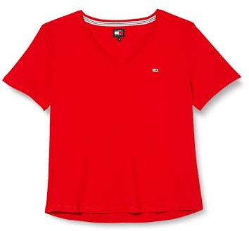 Tommy Jeans Camiseta de Manga Corta para Mujer Slim Cuello de Pico, Rojo (White / Red), XS