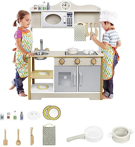 JOIEYOU Spielküchen Kinder, Kleinkinder Küche, Kinderküche aus Holz mit Mikrowellenofen, Waschmaschine, Wasserbecken, Gewürzflaschen, Küchengeräte, 65x24x85cm, Typ A
