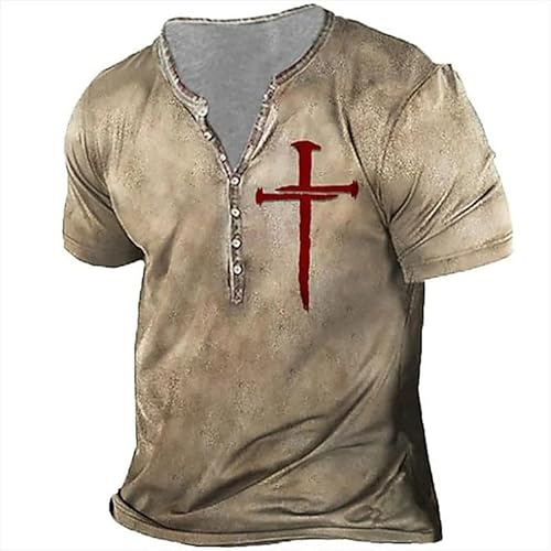 keepmore T-Shirts Henley pour Hommes Col en V Templiers Croix Graphique Imprimé Punk Casual Manches Courtes T-Shirts boutonnés
