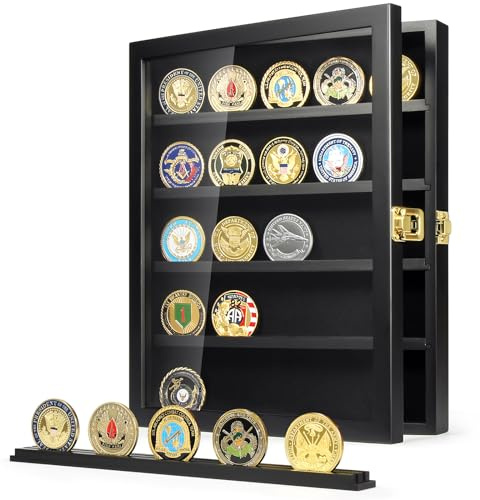 TJ.MOREE Military Challenge Coin Display Case, Coin Display Holder Wall Mount with Removable Shelves, Shadow Box for Medals Pin Badges Buttons