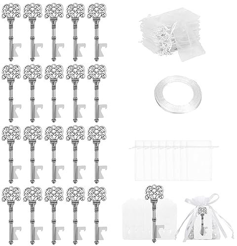 Ruspela Set di apribottiglie vintage per gli ospiti, regalo di nozze, con sacchetto cordoncino bianco e scatola caramelle