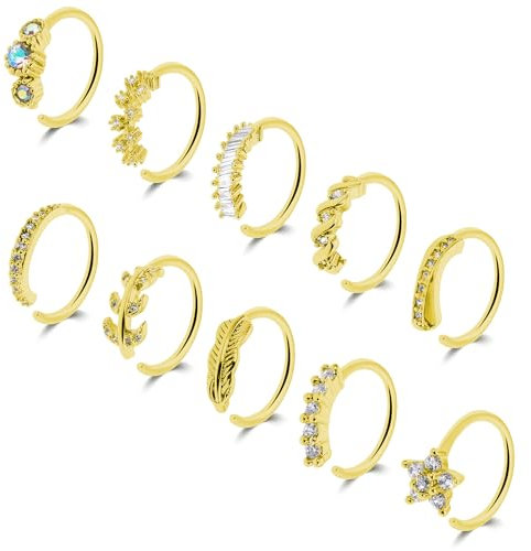Yolev 10 Stücke Nasenring Ring Septum Piercing Zirkonia Gold Piercing Set Diaphragm Clicker Scharnier Knorpel Tragus Lippe Spirale Körper Nase Piercings Schmuck Ringe Frauen 8mm