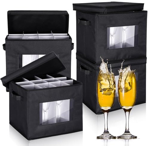 Uiifan 4 contenitori per flauto da champagen, con divisori, 12 scomparti, contenitori in porcellana con coperchio e maniglia per lo spostamento (nero)