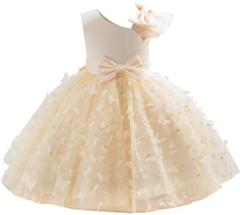 IMEKIS Vestido de niña bebé para cumpleaños y bautizo, sin mangas, de princesa, con mariposa, volantes, tutú, flores, para boda, fiesta, elegante, formal, desfile, vestido de gala, champán, 9-12 meses