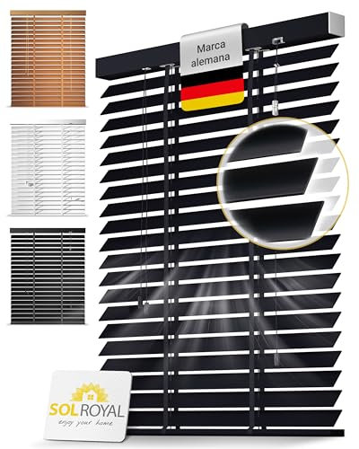 Sol Royal Holzjalousie 50 mm Lamellen extra breit – Fensterjalousie 150x180 cm Holzrollo einfache Montage Wand & Decke – Blickschutz Jalousie Fenster & Tür Massivholz Echtholz Rollo in Schwarz – BE5