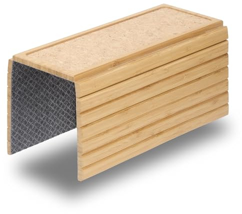 DETOR Sofa Arm Tray with Grained Cork Pad, Natural Bamboo Finish, Enhanced Non-Slip Bottom, Sturdy Bamboo Slats, Fits Armrests 4.6 and Wider