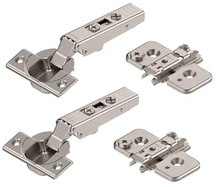 Blum - 2 cerniere a clip per mobili, 110°, dritte con molla, viti, arresto angolare + clip blu eccentrica, piastra di montaggio a croce, acciaio, viti, distanza 0 mm