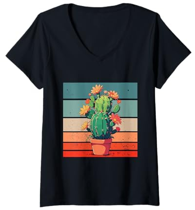 Femme Fleurs d'épines de cactus orange jaune terre cuite nature T-Shirt avec Col en V