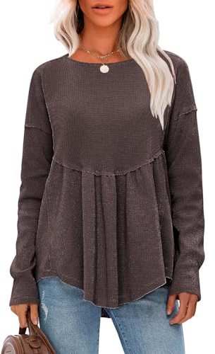 EXLURA Waffle Knit Long Sleeve Shirts for Womens Crewneck Loose Babydoll Tunic Tops Maternity Top Spring Fall Fashion Outfits Dark Brown