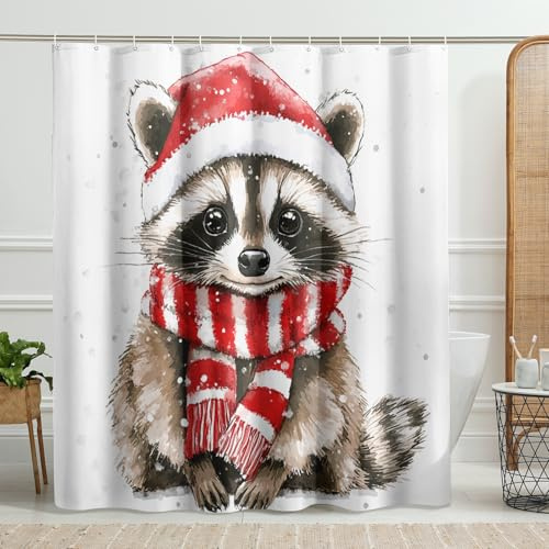 Cortina de ducha de mapache, bonita decoración de baño de vacaciones de invierno, adorable patrón de animales de felpa, juego de cortina de ducha de tela impermeable azul con ganchos, 72 x 72 pulgadas