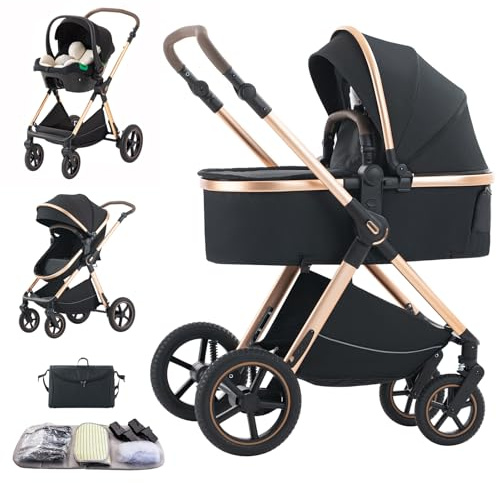Shineey Kinderwagen 3 in 1,Puppenwagen Buggy Faltbarer Kinderwagen Set, Kombikinderwagen 3 in 1 mit Großer Bequemer Babywanne, Laufwagen Rahmen Aluminiumlegierun (D2 BLACK, H2-D)
