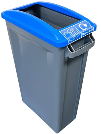 Chabrias Ltd 87L Slim Recycling Bin with Open Blue Lid + Paper & Card Sticker - Recycling Waste Container for Office, School & Kitchen - Narrow 87 Litre Commercial Recycling Bin & Vented Liner System
