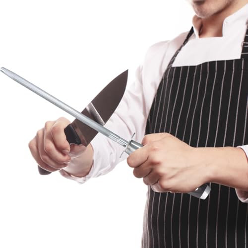 8.07in Afilador de Cuchillos Profesional, Chaira Diamante Redonda de Alto Carbono, Afilador Manual de Cuchillos con Mango de Madera, para Cuchillos de Chef, Hojas de Afilado de Cuchillos