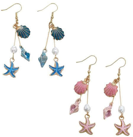 XFSRG 2 Stück Ohrringe Damen Tropfen Ohrring Bohemian Style Muschel Seestern Perlen Ohrringe Strand Ozean Meer Sommer Schmuck