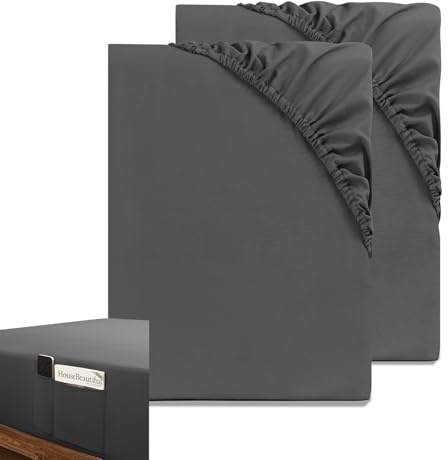 HIG Spannbettlaken 180x200cm 2er Set, Dunkelgrau Microfaser Spannbetttuch mit 35cm Tiefe Tasche für Boxspringbett, Spannbetttücher mit Seitlicher Tasche für Handy Fernbedienung, ÖKO-TEX Zertifiziert