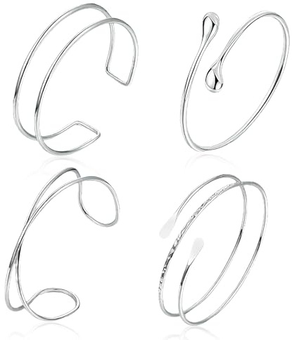 SoundZero 4 Stück Oberarmreif Silber Set, Oberarmreif Armreif Verstellbar, Boho Armreif Silber 925 Damen, Egirls Einstellbare Oberarmmanschette Set, Oberarm Armbänder für Damen, Wickelarmband Damen