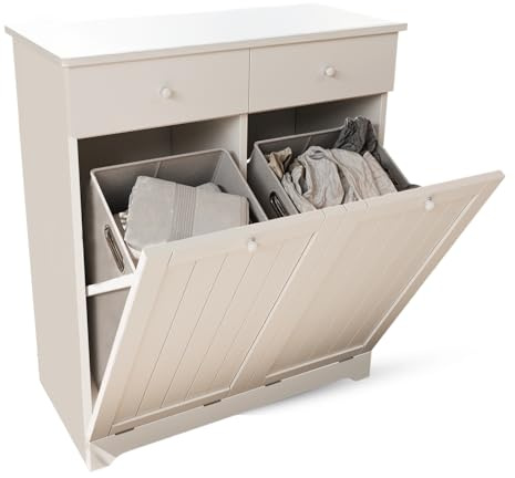 CATAVANA Meuble à Linge 45L, Armoire à Linge 2 Compartiments avec Paniers Amovibles, Coffre à Linge Salle de Bain, Meuble de Rangement pour Chambre et Buanderie, Blanc