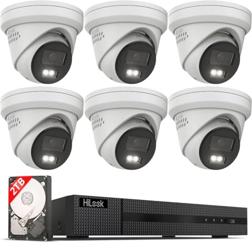 HiLook PoE Überwachungskamera 6er Set aussen 4K 8MP NVR 2TB Nachtsicht | Zentrale Aufnahme, App-Zugriff, Personen-/Fahrzeugerkennung, IP67 wetterfest, Hybrid Light für den Außenbereich