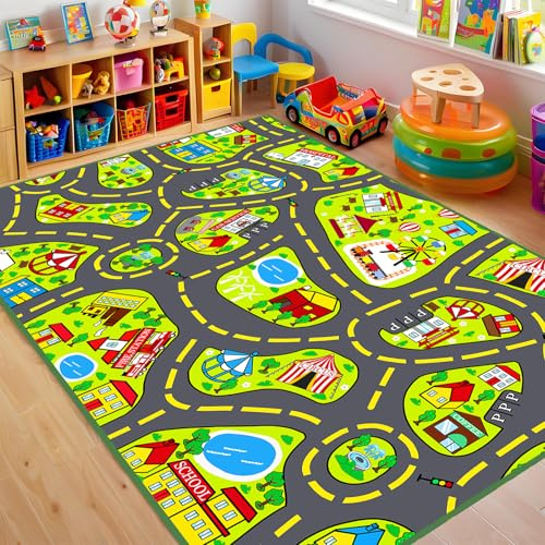 Kids Rug for Playroom Bedroom, Car Rug Play Mat for Toddlers with City Life Road Map Design, Non Slip Road Rugs for Kids, Educational Urban Traffic Carpet, 2.5x4 Feet