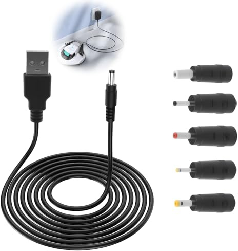 USB to DC Cable 1M, Universal 5V 2.0 A USB Power Cable Male to DC 5.5 x 2.1mm Adapter with 2.5x0.7mm/3.5x1.35mm/4.0x1.7mm/5.5x2.5mm/3.0x1.0mm 5 Connectors Tips Compatibl for Laptops, Router, Keyboard