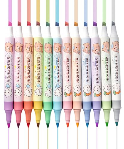 YOSKAEDI 12 pastellöverstrykningspenna lysande penna med två spetsar, highlighter set, mejsel och fina highlighter pennor, markörpastell för journaling, skolmaterial