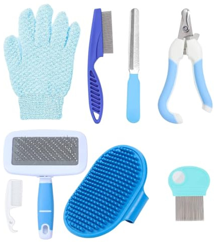 8 Stück Kaninchen Pflege Set, Kleintierpflegeset mit Nagelknipser Trimmer Haustier Feile Haustiermassage Kamm Badhandschuh Floh Fellpflege-Set für Kaninchen Meerschweinchen Welpen (blau)