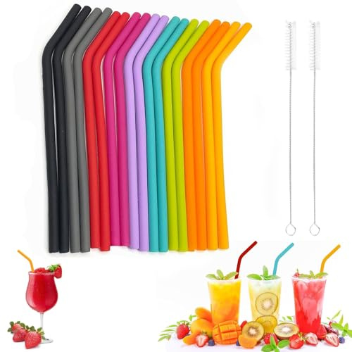 20Pcs Silicone Straws Reusable Set, Bendable, Soft and Durable | 18 Soft Drinking Straws + 2 Cleaning Brushes, Regular Size Bendy Straws for Hot/Cold Beverages, Home Bars, Office, Outdoor